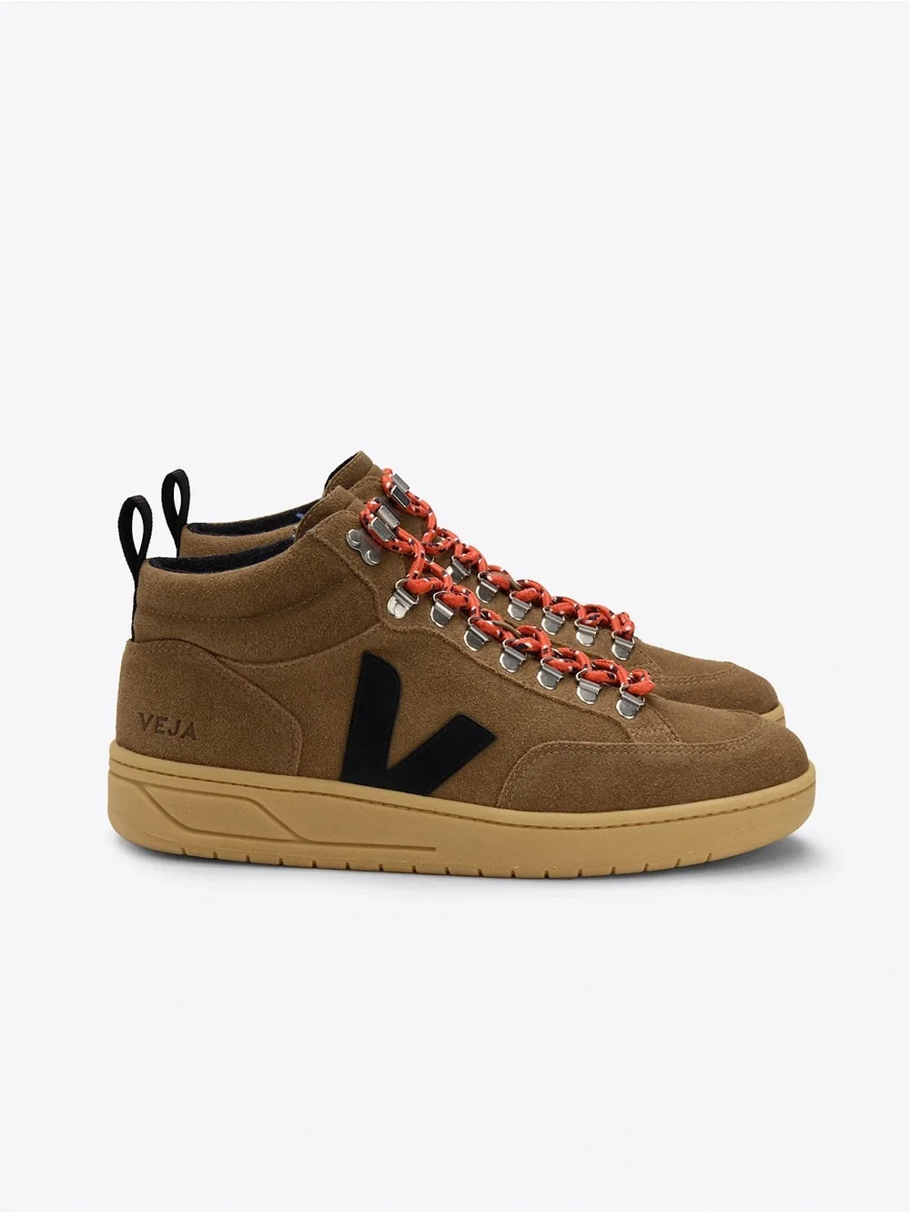 Veja Brown Suede High-Top Sneakers with Black Logo and Orange Laces